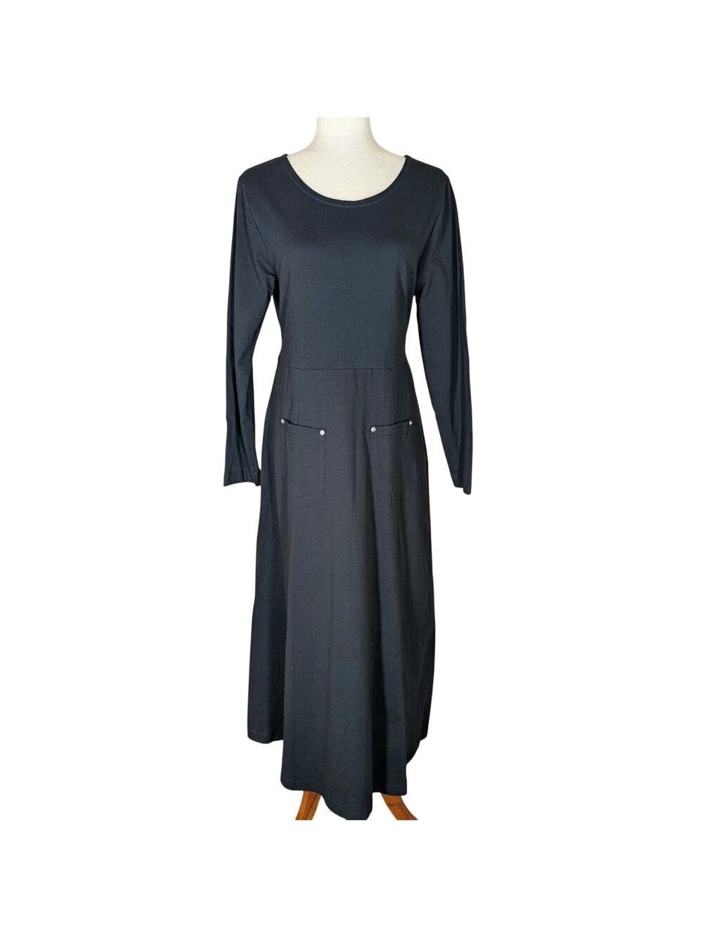 Vintage J. Suzette Black Cotton Maxi Dress Long Sleeve Pockets Lagenlook Size M - Picture 1 of 13